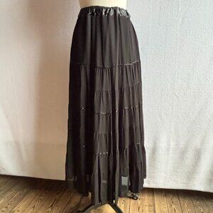 Black Ruffled Beaded Flowing Hipppie Boho Skirt